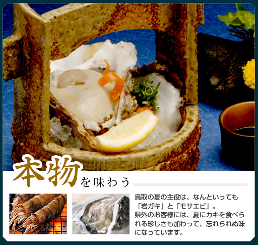 鳥取の夏の主役は、なんといっても「岩牡蠣」と「モサエビ」。県外のお客様には、夏にカキを食べられる珍しさも加わって、忘れられぬ味になっています。